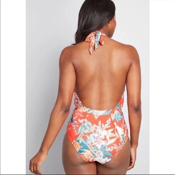 Modcloth Orange Floral Halter One Piece Swim Suit NEW - Picture 2 of 4
